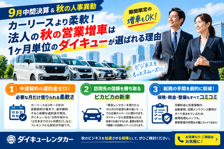 【9月中間決算＆秋の人事異動】カーリースより柔軟！法人の「秋の営業増車」は1ヶ月単位のダイキューが選ばれる理由！福島・長期格安ダイキューレンタカー