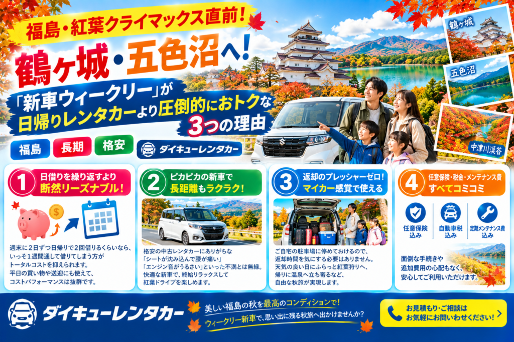 【福島・紅葉クライマックス直前！】鶴ヶ城・五色沼へ！「新車ウィークリー」が日帰りレンタカーより圧倒的におトクな3つの理由　福島　長期格安　ダイキューレンタカー